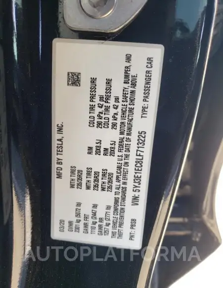 TESLA MODEL 3 2020 vin 5YJ3E1EC8LF713225 from auto auction Copart