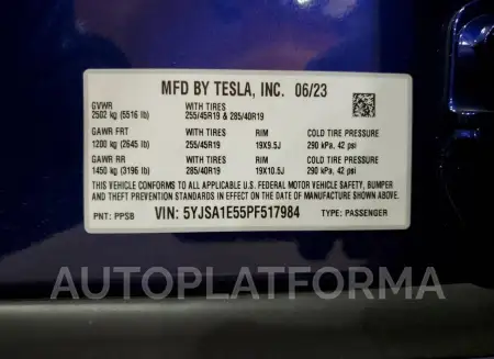 TESLA MODEL S 2023 vin 5YJSA1E55PF517984 from auto auction Copart