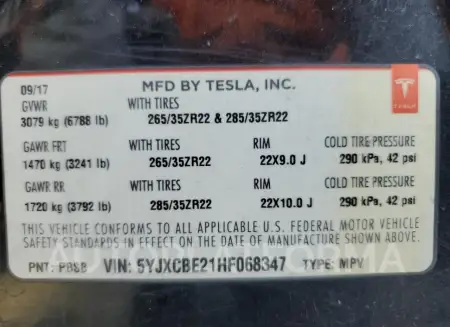 TESLA MODEL X 2017 vin 5YJXCBE21HF068347 from auto auction Copart