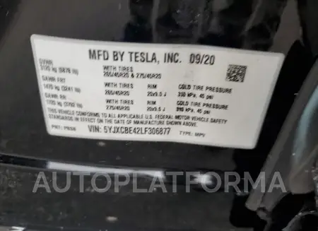 TESLA MODEL X 2020 vin 5YJXCBE42LF306877 from auto auction Copart