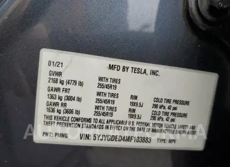 TESLA MODEL Y 2021 vin 5YJYGDED4MF103883 from auto auction Copart