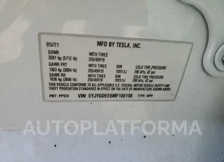 TESLA MODEL Y 2021 vin 5YJYGDEE6MF188198 from auto auction Copart