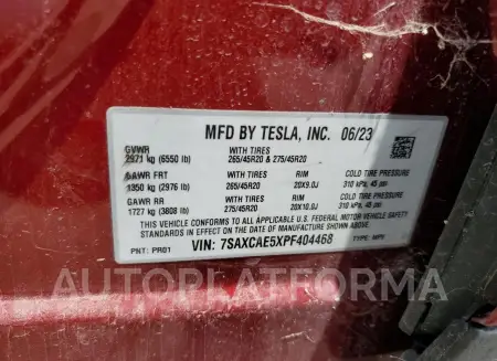 TESLA MODEL X 2023 vin 7SAXCAE5XPF404468 from auto auction Copart