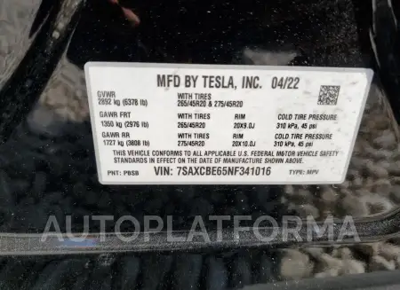 TESLA MODEL X 2022 vin 7SAXCBE65NF341016 from auto auction Copart