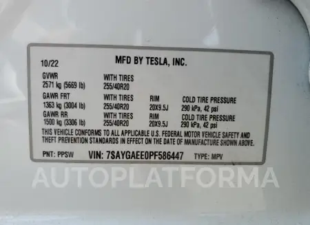 TESLA MODEL Y 2023 vin 7SAYGAEE0PF586447 from auto auction Copart