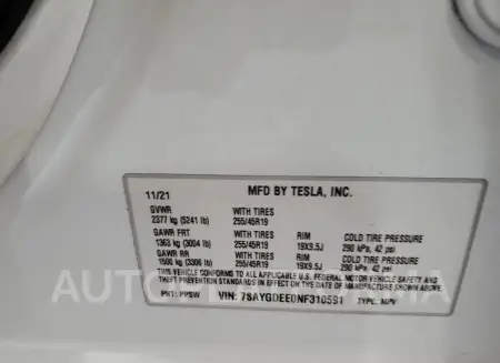 TESLA MODEL Y 2022 vin 7SAYGDEE0NF310591 from auto auction Copart