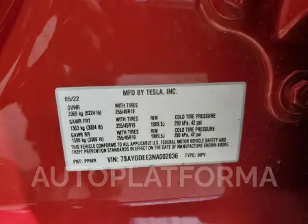 TESLA MODEL Y 2022 vin 7SAYGDEE3NA002036 from auto auction Copart