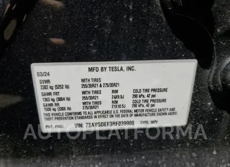 TESLA MODEL Y 2024 vin 7SAYGDEF3RF039900 from auto auction Copart