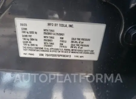 TESLA MODEL Y 2023 vin 7SAYGDEF8PF883413 from auto auction Copart