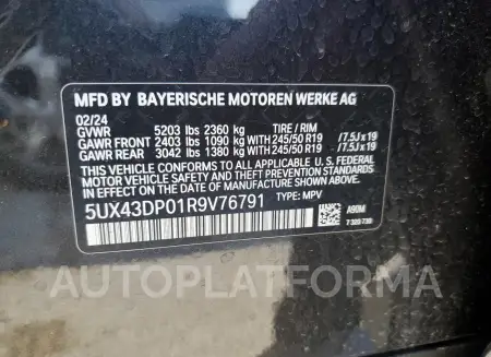 BMW X3 SDRIVE3 2024 vin 5UX43DP01R9V76791 from auto auction Copart