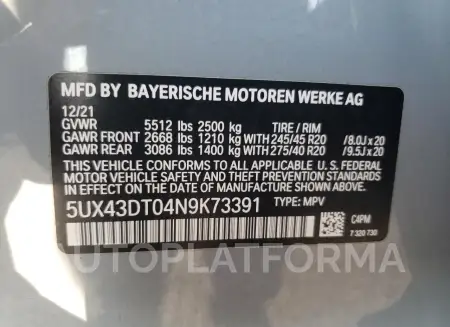 BMW X4 M40I 2022 vin 5UX43DT04N9K73391 from auto auction Copart