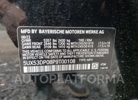 BMW X3 XDRIVE3 2023 vin 5UX53DP08P9T00108 from auto auction Copart