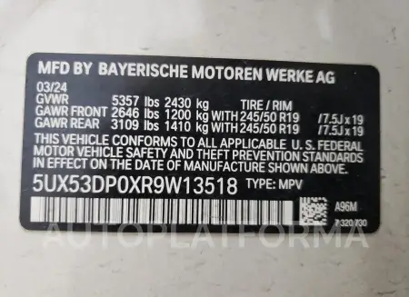 BMW X3 XDRIVE3 2024 vin 5UX53DP0XR9W13518 from auto auction Copart