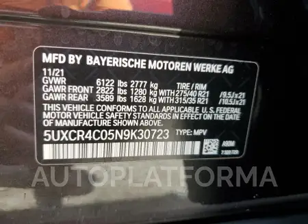 BMW X5 SDRIVE 2022 vin 5UXCR4C05N9K30723 from auto auction Copart