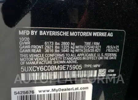 BMW X6 XDRIVE4 2021 vin 5UXCY6C08M9E75905 from auto auction Copart