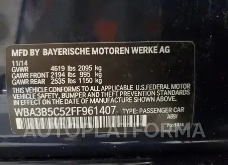 BMW 328 XI SUL 2015 vin WBA3B5C52FF961407 from auto auction Copart