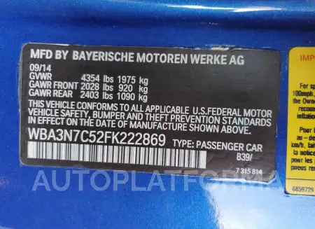 BMW 428 I 2015 vin WBA3N7C52FK222869 from auto auction Copart