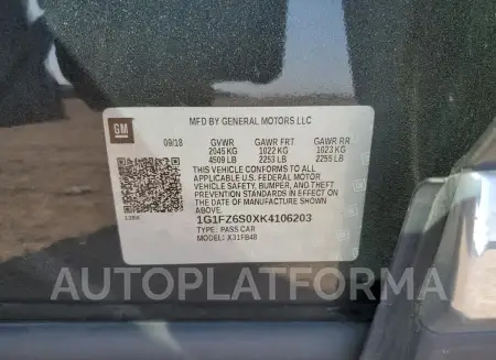 CHEVROLET BOLT EV PR 2019 vin 1G1FZ6S0XK4106203 from auto auction Copart