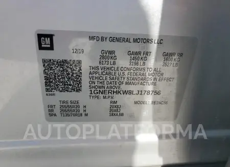 CHEVROLET TRAVERSE L 2020 vin 1GNERHKW8LJ178756 from auto auction Copart