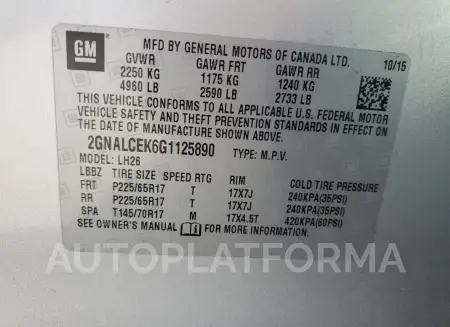 CHEVROLET EQUINOX LT 2016 vin 2GNALCEK6G1125890 from auto auction Copart