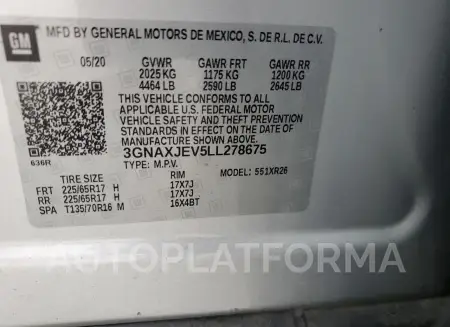 CHEVROLET EQUINOX LT 2020 vin 3GNAXJEV5LL278675 from auto auction Copart