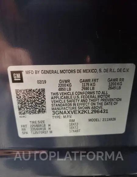 CHEVROLET EQUINOX LT 2019 vin 3GNAXVEX2KL296431 from auto auction Copart