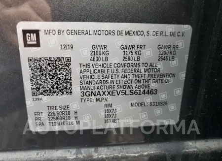 CHEVROLET EQUINOX PR 2020 vin 3GNAXXEV5LS614463 from auto auction Copart