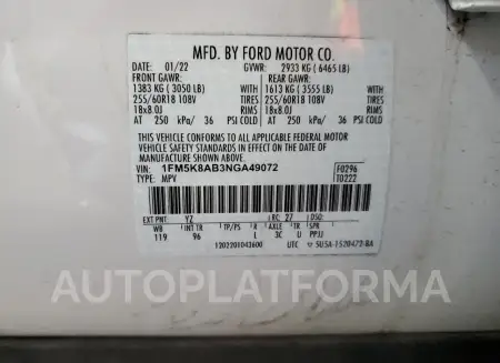 FORD EXPLORER P 2022 vin 1FM5K8AB3NGA49072 from auto auction Copart