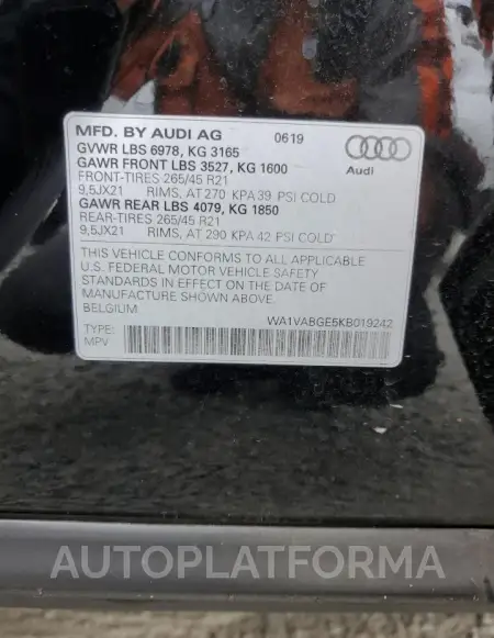 AUDI E-TRON PRE 2019 vin WA1VABGE5KB019242 from auto auction Copart