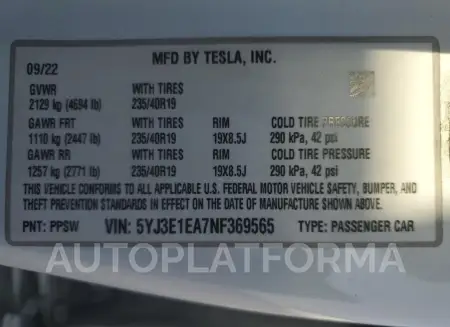 TESLA MODEL 3 2022 vin 5YJ3E1EA7NF369565 from auto auction Copart