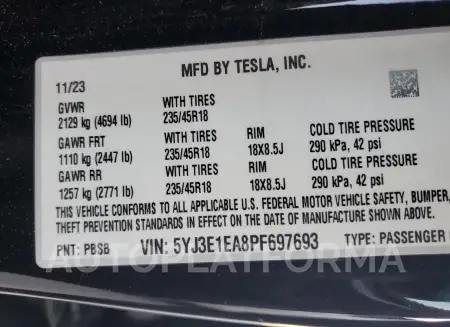 TESLA MODEL 3 2023 vin 5YJ3E1EA8PF697693 from auto auction Copart