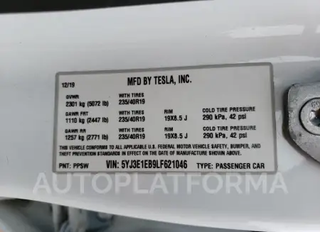 TESLA MODEL 3 2020 vin 5YJ3E1EB9LF621046 from auto auction Copart