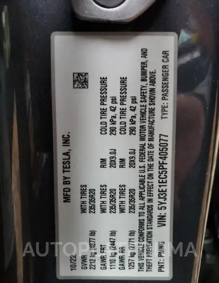 TESLA MODEL 3 2023 vin 5YJ3E1EC5PF405077 from auto auction Copart