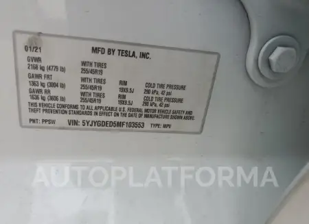 TESLA MODEL Y 2021 vin 5YJYGDED5MF103553 from auto auction Copart