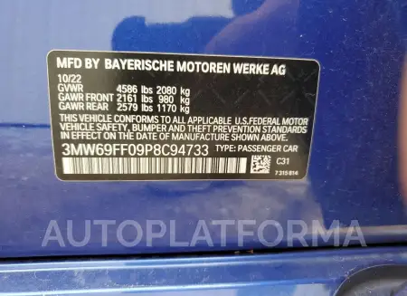 BMW 330I 2023 vin 3MW69FF09P8C94733 from auto auction Copart