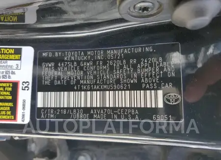 TOYOTA CAMRY XSE 2021 vin 4T1K61AKXMU590621 from auto auction Copart