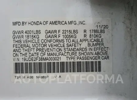 ACURA ILX 2021 vin 19UDE2F38MA003021 from auto auction Copart