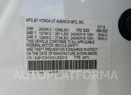 ACURA MDX 2019 vin 5J8YD3H3XKL000016 from auto auction Copart