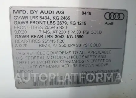 AUDI Q5 PREMIUM 2019 vin WA1BNAFY7K2100336 from auto auction Copart