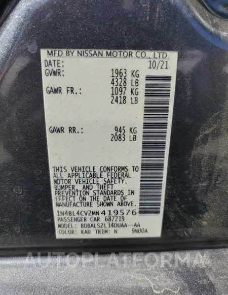 NISSAN ALTIMA SR 2021 vin 1N4BL4CV2MN419576 from auto auction Copart