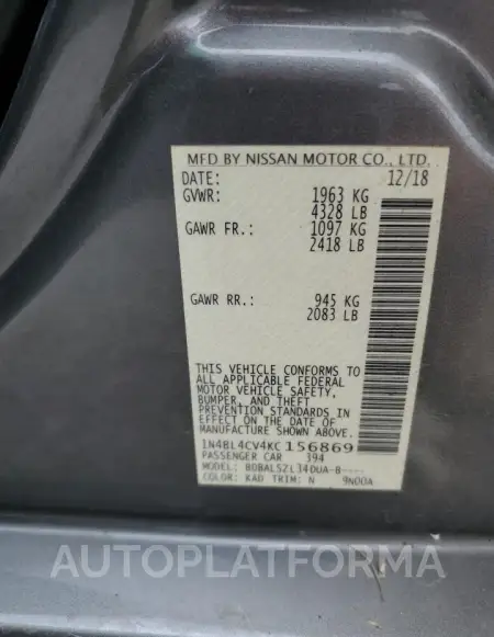 NISSAN ALTIMA SR 2019 vin 1N4BL4CV4KC156869 from auto auction Copart