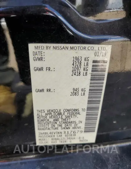 NISSAN ALTIMA SL 2019 vin 1N4BL4EV3KN317679 from auto auction Copart