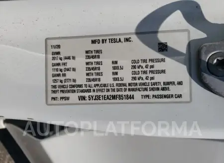 TESLA MODEL 3 2021 vin 5YJ3E1EA2MF851844 from auto auction Copart