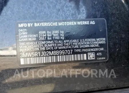 BMW 330I 2021 vin 3MW5R1J02M8B99707 from auto auction Copart