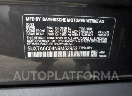 BMW X5 XDRIVE4 2022 vin 5UXTA6C04N9M53953 from auto auction Copart