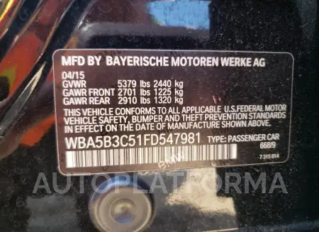 BMW 535 XI 2015 vin WBA5B3C51FD547981 from auto auction Copart