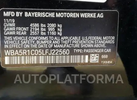 BMW 330I 2020 vin WBA5R1C05LFJ22560 from auto auction Copart