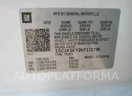 CHEVROLET SILVERADO 2019 vin 1GC1KSEY2KF172796 from auto auction Copart