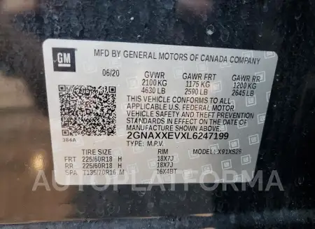 CHEVROLET EQUINOX PR 2020 vin 2GNAXXEVXL6247199 from auto auction Copart