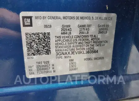 CHEVROLET EQUINOX LT 2019 vin 3GNAXJEV8KL383564 from auto auction Copart